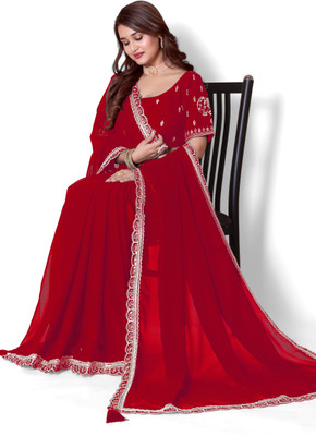 PATTARI Solid/Plain Bollywood Georgette Saree(Red)