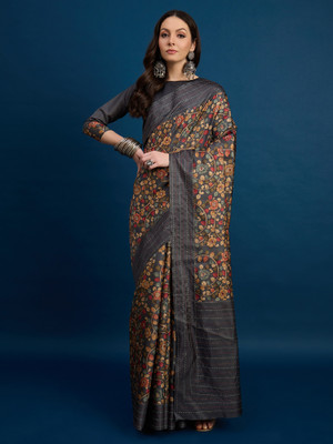 Sangria Printed Daily Wear Silk Blend Saree(Grey)