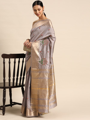 SERONA FABRICS Self Design, Embroidered, Woven Assam Silk Cotton Silk, Jacquard Saree(Grey)