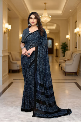 SmittenSmit Printed Bollywood Georgette Saree(Blue, Black)