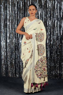 MIRCHI FASHION Printed Daily Wear Cotton Blend Saree(Cream, Multicolor)