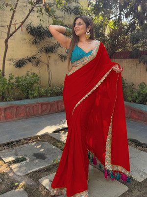 PARI DESIGNER Embroidered Bollywood Georgette Saree(Red)