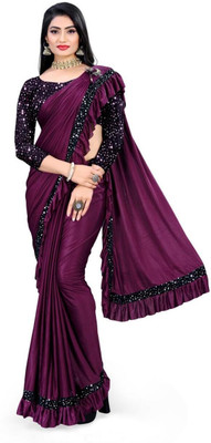 labholotux Embellished, Solid/Plain Saree with Attached Blouse Lycra Saree(Purple)