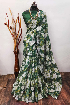 Gajal Printed Kanjivaram Linen, Cotton Linen Saree(Green)