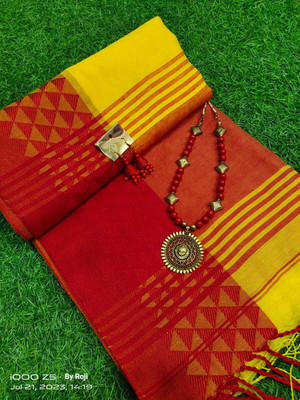 Abharani Saree Kuthir Woven Handloom Cotton Silk Saree(Yellow, Red)