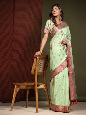 Bansari Textiles Woven Daily Wear Cotton Linen Saree(Light Green)