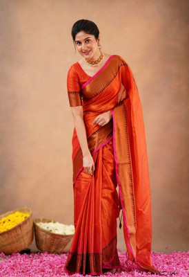 Ilasareecenter Solid/Plain, Woven Bollywood Pure Cotton Saree(Orange)