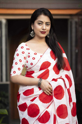 Dhanlaxmi CreationLLP Color Block, Polka Print Madhubani Linen Saree(White)