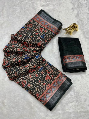 FULIYA SILK Printed, Geometric Print, Tie-Dye, Digital Print Daily Wear Linen Saree(Black)
