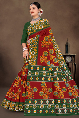 mahakali Printed Bandhani Pure Cotton Saree(Multicolor)