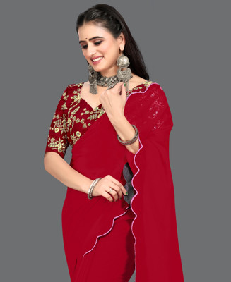 Brahmani Creation Solid/Plain Kanjivaram Chiffon, Georgette Saree(Red)