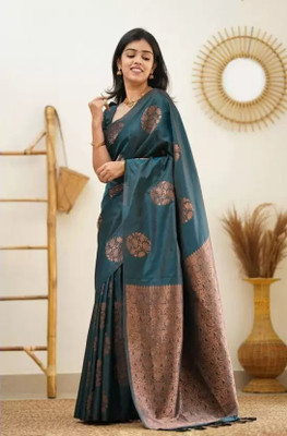 KIVERA Self Design, Woven Kanjivaram Pure Silk Saree(Blue)
