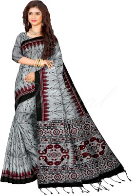 Quetzal Printed Sambalpuri Pure Cotton Saree(Grey)