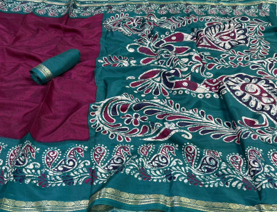 GLAM VILLA Printed Mysore Art Silk Saree(Blue)