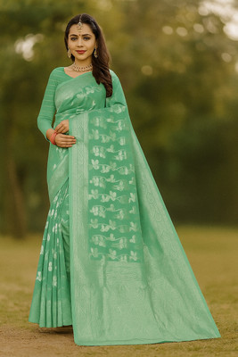Saadhvi Woven Banarasi Cotton Blend Saree(Light Blue)