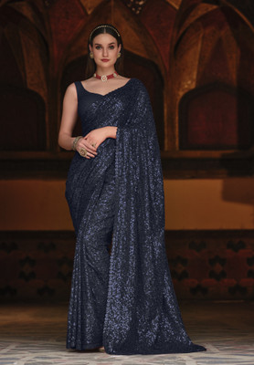 DIVINE INTERNATIONAL TRADING CO Embroidered, Embellished Bollywood Georgette Saree(Blue)