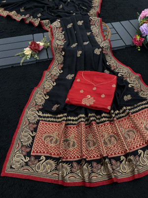 KHRITI FAB Embroidered Chanderi Pure Silk Saree(Black, Gold)