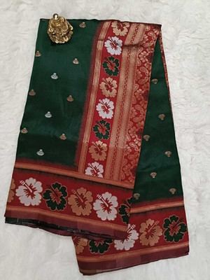 Indesa Floral Print Banarasi Art Silk Saree(Green)