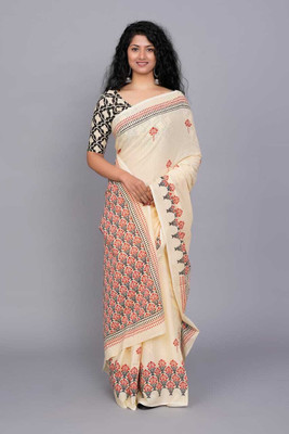 Clothonus Floral Print Ikkat Pure Cotton Saree(Cream)