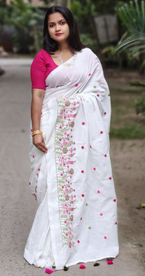 ANU INDIAN FASHION Woven, Temple Border Handloom Cotton Silk Saree(White)