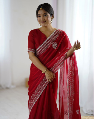 Satrani Embroidered Bollywood Tissue Saree(Red)