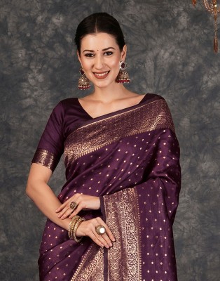 Samah Woven, Embellished, Self Design Banarasi Silk Blend, Jacquard Saree(Purple, Gold)