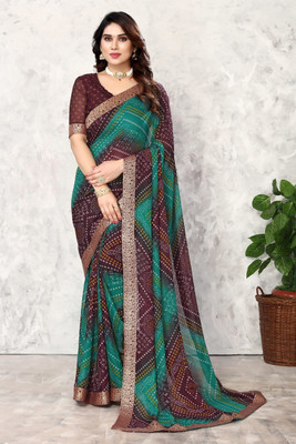 YASHIKA Printed Bandhani Georgette, Lace Saree(Brown)