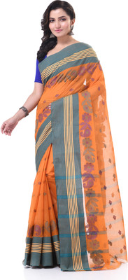 TANTLOOM Floral Print Handloom Handloom Pure Cotton Saree(Orange)