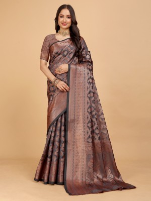 Indian Fashionista Woven Baluchari Organza Saree(Brown)