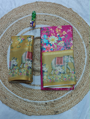 AAINA CREATION Printed Bollywood Silk Blend Saree(Pink, Yellow)