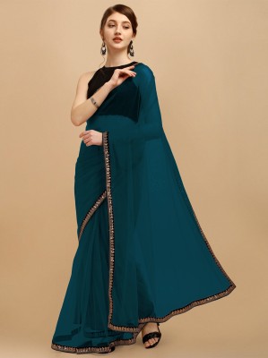 RE Renny Enterprise Self Design Bollywood Net Saree(Blue)