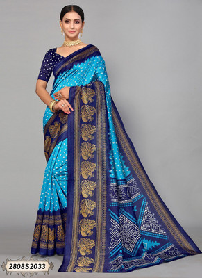 Grubstaker Printed Assam Silk Art Silk Saree(Light Blue)