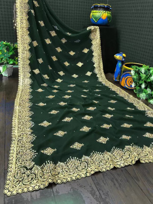 MIYANIFAB Embroidered Bollywood Georgette Saree(Green)