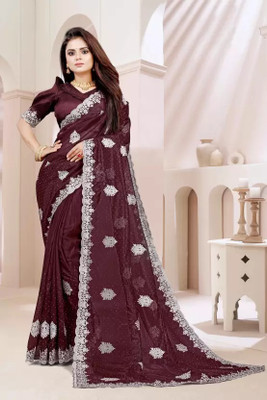 VKARAN Embroidered Bollywood Supernet Saree(Maroon)