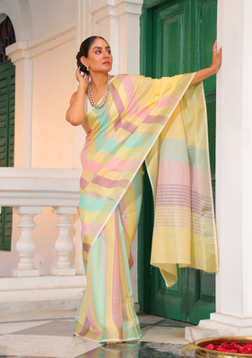 AWRIYA Solid/Plain Bollywood Cotton Linen Saree(Beige)
