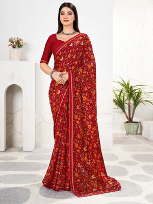 Divastri Floral Print Bollywood Chiffon Saree(Red)