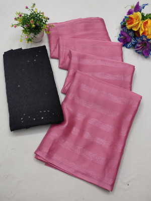 SkyRamya Striped, Embroidered Bollywood Chiffon Saree(Pack of 2, Pink, Black)