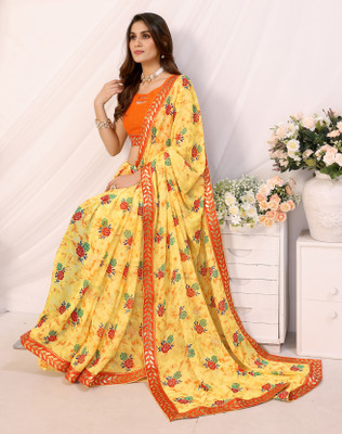 YASHIKA Printed Bollywood Georgette, Lace Saree(Yellow)