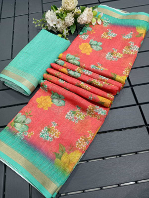 Saaransh Floral Print Kanjivaram Linen, Cotton Silk Saree(Red)