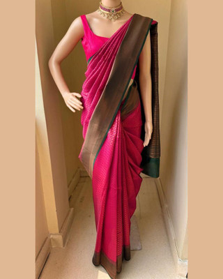 ROOP LAVANYA Woven Kanjivaram Cotton Linen, Jacquard Saree(Pink)