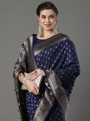 Sareemall Woven Banarasi Silk Blend Saree(Dark Blue)