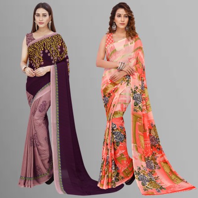 Anand Sarees Floral Print Daily Wear Georgette Saree(Pack of 2, Pink, Purple)