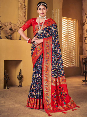 Sareemall Self Design Patola Silk Blend Saree(Dark Blue)