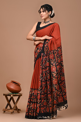 FabricoWorld Floral Print, Blocked Printed Bollywood Pure Cotton Saree(Maroon, Black)
