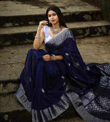 VASTUKALA Woven Kanjivaram Pure Silk, Art Silk Saree(Dark Blue)