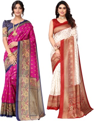 SIRIL Printed, Geometric Print, Floral Print Banarasi Cotton Silk, Silk Blend Saree(Pack of 2, Multicolor)