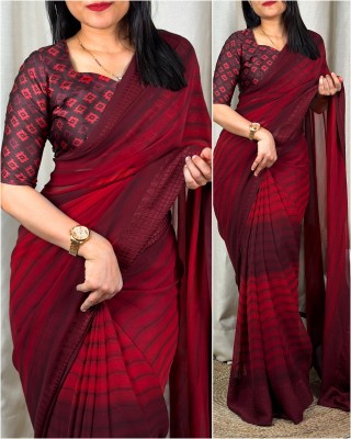 VANISWA Striped Bollywood Georgette Saree(Red)