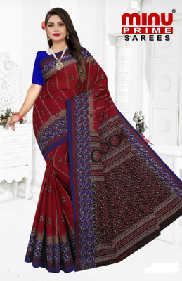 Minu Fashion Printed Bollywood Cotton Blend, Pure Cotton Saree(Maroon)