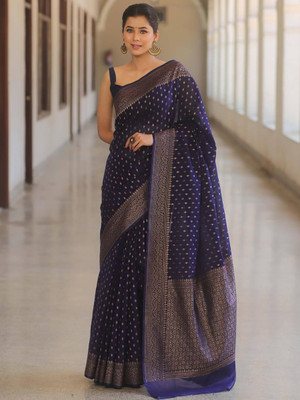 AMRUTKALA SAREES Woven Banarasi Silk Blend Saree(Dark Blue)