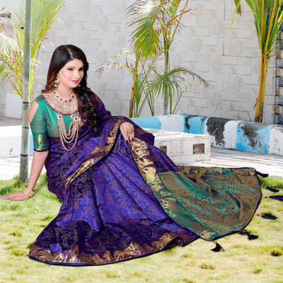 LAVYANSH CREATION Printed Patola Silk Blend Saree(Blue)